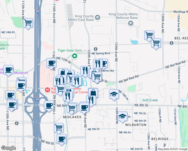 map of restaurants, bars, coffee shops, grocery stores, and more near 1201 121st Avenue NorthEast in Bellevue