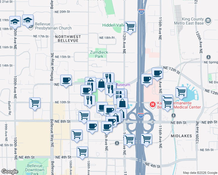 map of restaurants, bars, coffee shops, grocery stores, and more near 11011 Northeast 12th Street in Bellevue