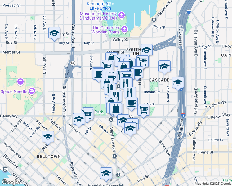 map of restaurants, bars, coffee shops, grocery stores, and more near 225 Terry Avenue North in Seattle