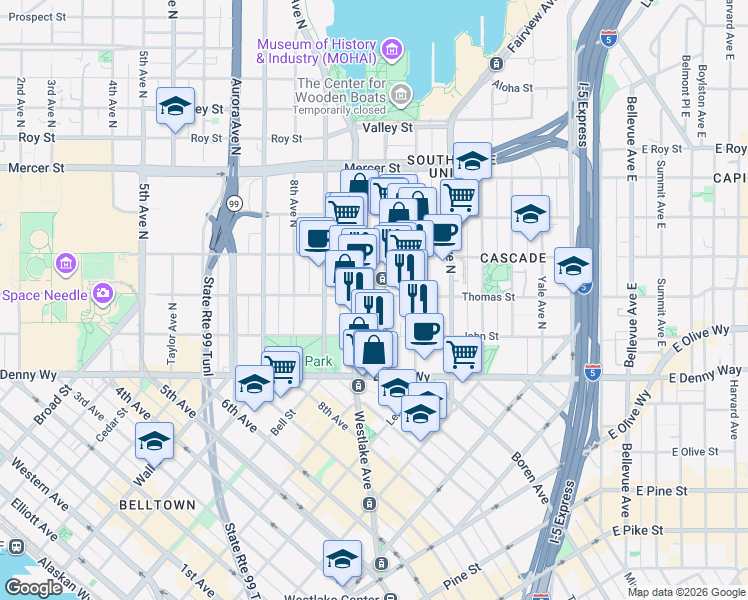 map of restaurants, bars, coffee shops, grocery stores, and more near 225 Terry Avenue North in Seattle