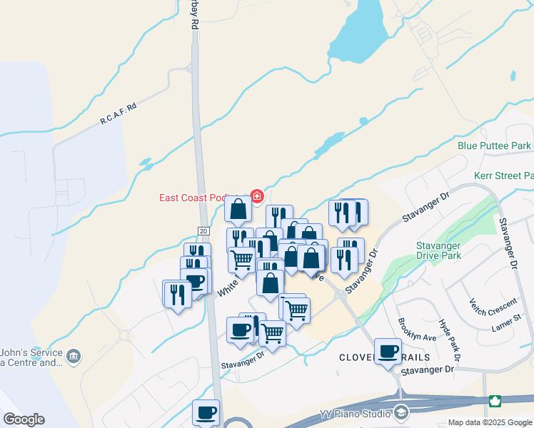 map of restaurants, bars, coffee shops, grocery stores, and more near 145 Aberdeen Avenue in St. John's