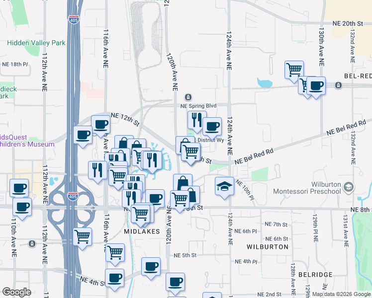 map of restaurants, bars, coffee shops, grocery stores, and more near 1201 121st Avenue NorthEast in Bellevue