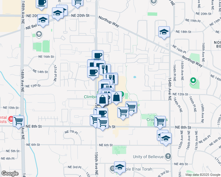 map of restaurants, bars, coffee shops, grocery stores, and more near 15600 Northeast 8th Street in Bellevue
