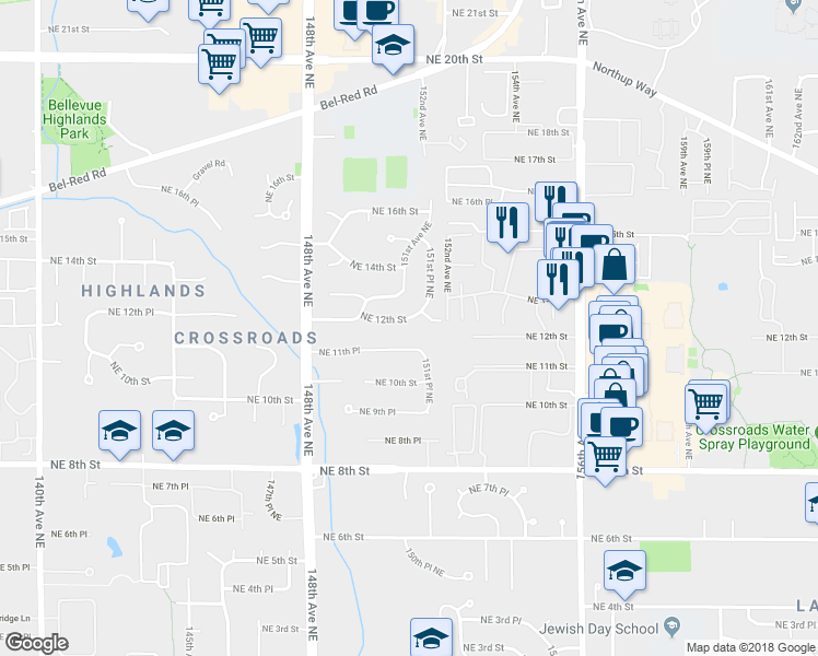 map of restaurants, bars, coffee shops, grocery stores, and more near 15047 Northeast 12th Street in Bellevue