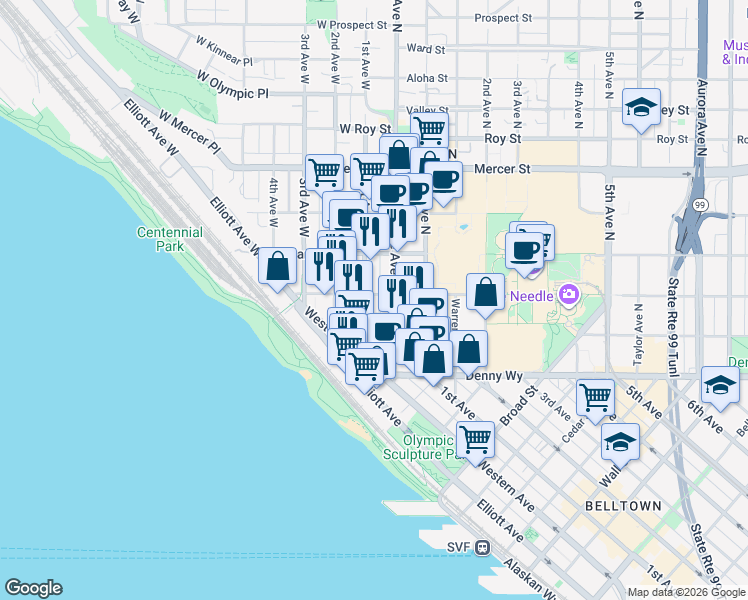 map of restaurants, bars, coffee shops, grocery stores, and more near 19 West Thomas Street in Seattle