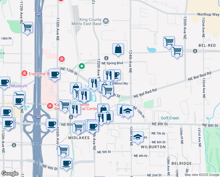 map of restaurants, bars, coffee shops, grocery stores, and more near 1227 121st Place Northeast in Bellevue