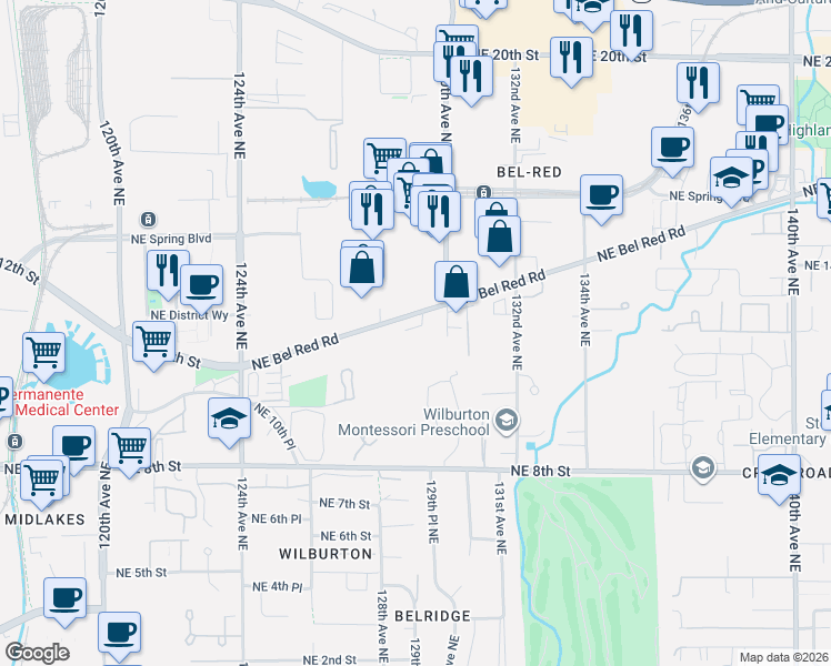 map of restaurants, bars, coffee shops, grocery stores, and more near 1179 129th Court Northeast in Bellevue