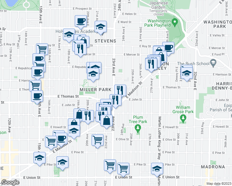 map of restaurants, bars, coffee shops, grocery stores, and more near in Seattle