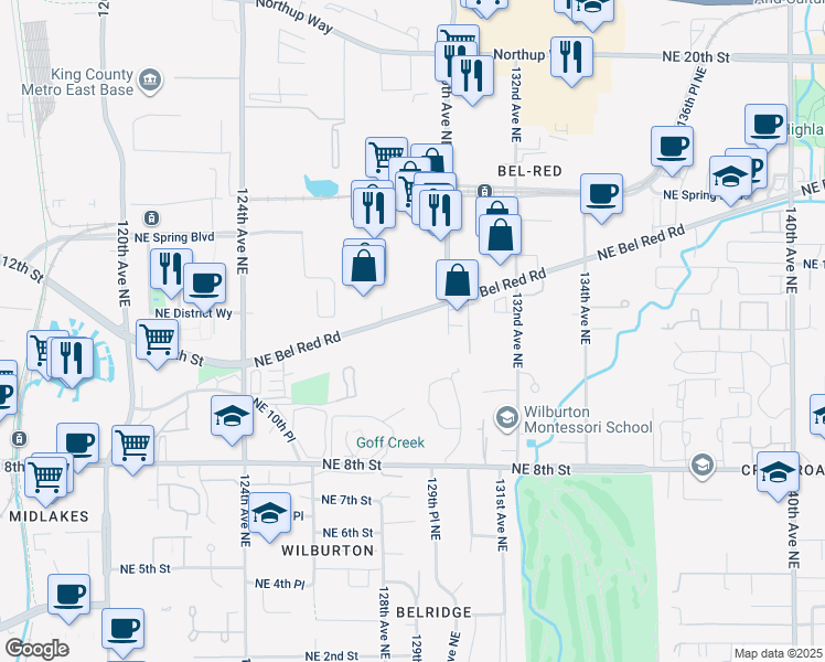 map of restaurants, bars, coffee shops, grocery stores, and more near 12835 Bel-Red Road in Bellevue