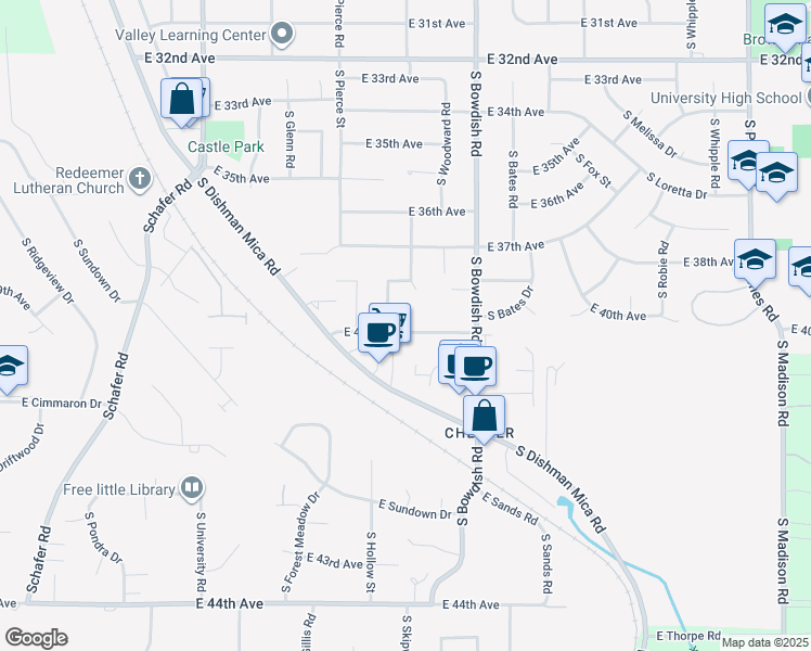 map of restaurants, bars, coffee shops, grocery stores, and more near 11303 East 40th Avenue in Spokane Valley