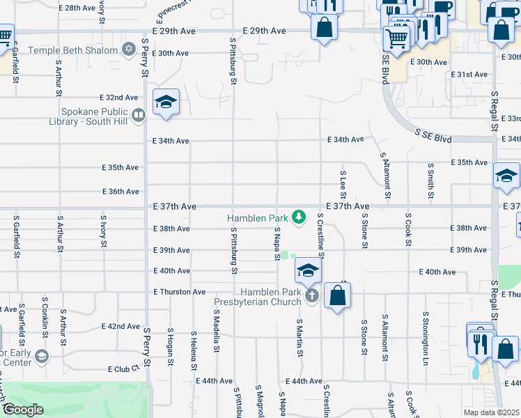 map of restaurants, bars, coffee shops, grocery stores, and more near 1918 East 37th Avenue in Spokane
