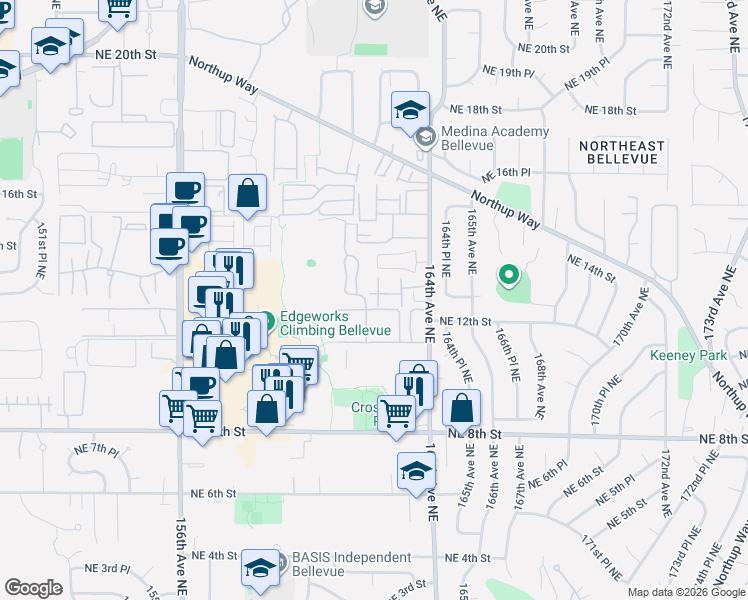 map of restaurants, bars, coffee shops, grocery stores, and more near 1236 162nd Lane Northeast in Bellevue