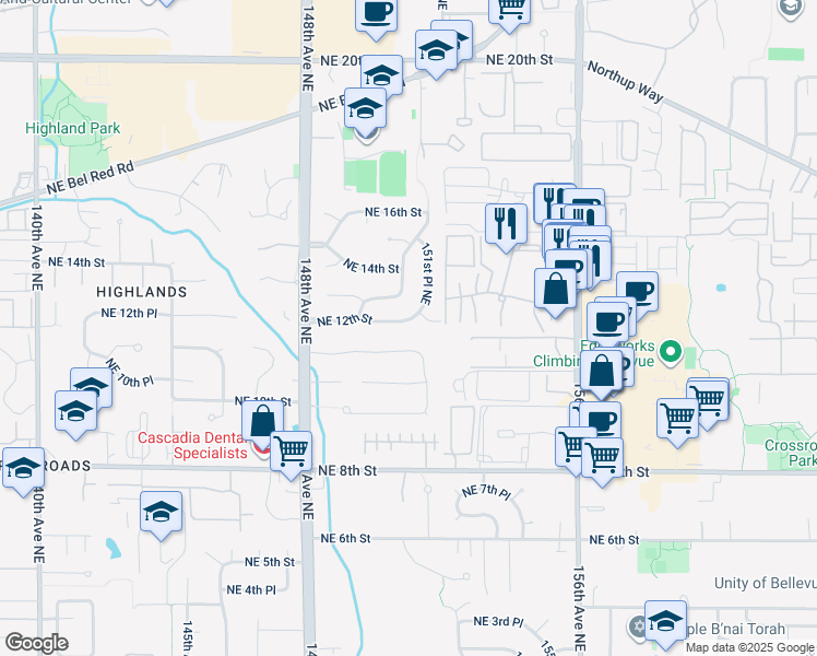 map of restaurants, bars, coffee shops, grocery stores, and more near 15047 Northeast 12th Street in Bellevue