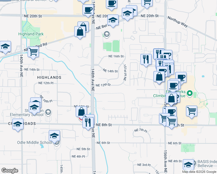 map of restaurants, bars, coffee shops, grocery stores, and more near 14866 Northeast 11th Place in Bellevue
