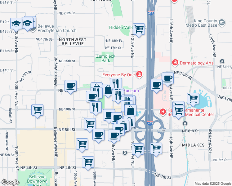 map of restaurants, bars, coffee shops, grocery stores, and more near 11018 Northeast 11th Street in Bellevue