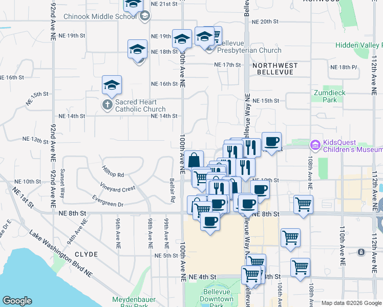 map of restaurants, bars, coffee shops, grocery stores, and more near 1044 100th Avenue Northeast in Bellevue