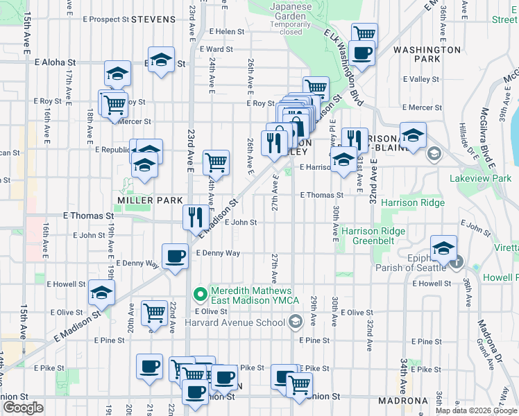 map of restaurants, bars, coffee shops, grocery stores, and more near 204 26th Avenue East in Seattle