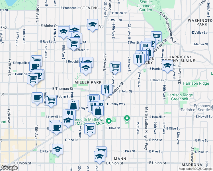 map of restaurants, bars, coffee shops, grocery stores, and more near in Seattle