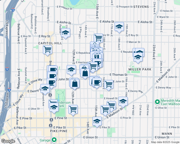 map of restaurants, bars, coffee shops, grocery stores, and more near 215 14th Avenue East in Seattle