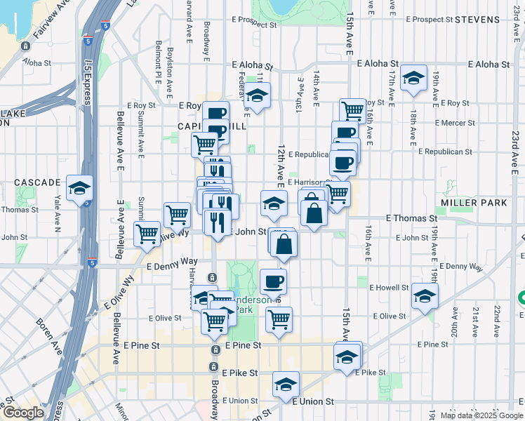 map of restaurants, bars, coffee shops, grocery stores, and more near 215 12th Avenue East in Seattle