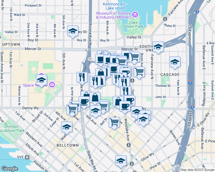 map of restaurants, bars, coffee shops, grocery stores, and more near 285 8th Avenue North in Seattle