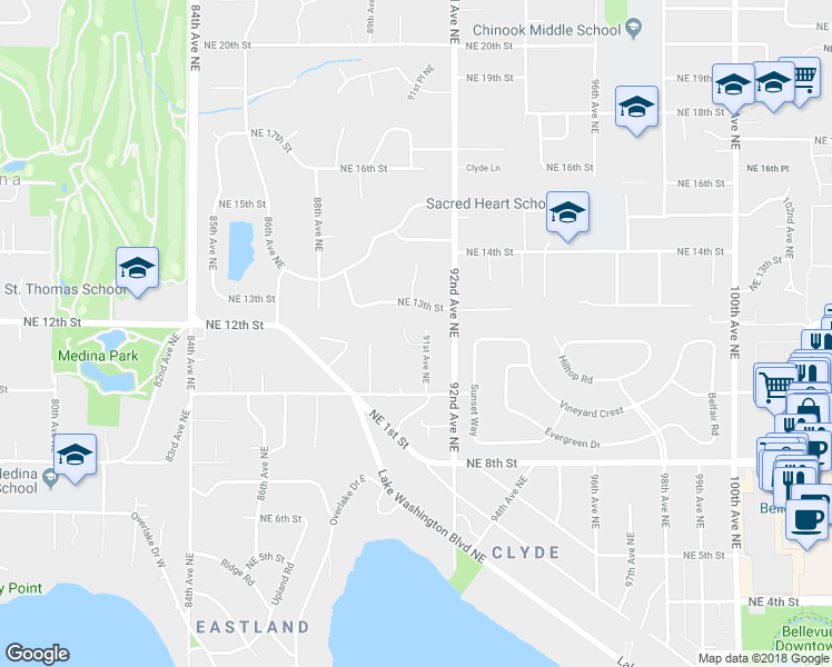 map of restaurants, bars, coffee shops, grocery stores, and more near 1055 91st Avenue Northeast in Bellevue