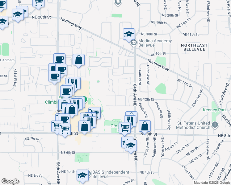 map of restaurants, bars, coffee shops, grocery stores, and more near 1236 162nd Lane Northeast in Bellevue