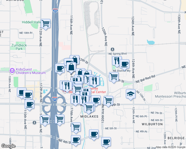 map of restaurants, bars, coffee shops, grocery stores, and more near 4 Lake Bellevue Drive in Bellevue