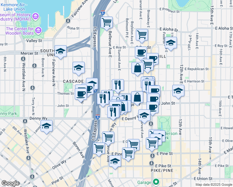 map of restaurants, bars, coffee shops, grocery stores, and more near in Seattle