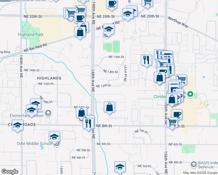 map of restaurants, bars, coffee shops, grocery stores, and more near 14866 Northeast 11th Place in Bellevue