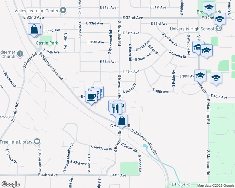 map of restaurants, bars, coffee shops, grocery stores, and more near 3920 South Bowdish Road in Spokane Valley