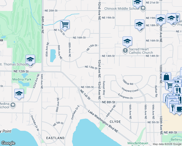 map of restaurants, bars, coffee shops, grocery stores, and more near 1055 91st Avenue Northeast in Bellevue
