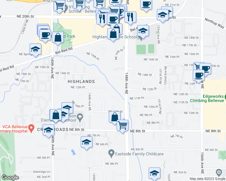 map of restaurants, bars, coffee shops, grocery stores, and more near 14469 Northeast 12th Place in Bellevue