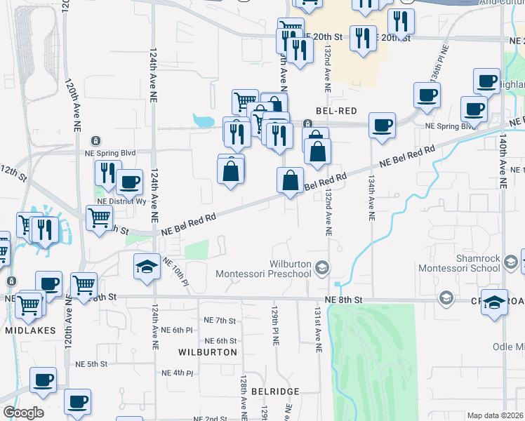 map of restaurants, bars, coffee shops, grocery stores, and more near 12705 Bel-Red Road in Bellevue