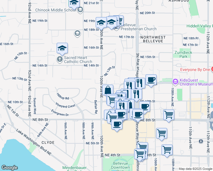map of restaurants, bars, coffee shops, grocery stores, and more near 1044 100th Avenue Northeast in Bellevue