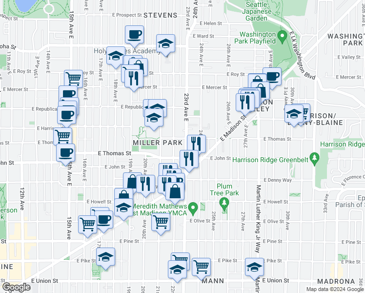 map of restaurants, bars, coffee shops, grocery stores, and more near in Seattle