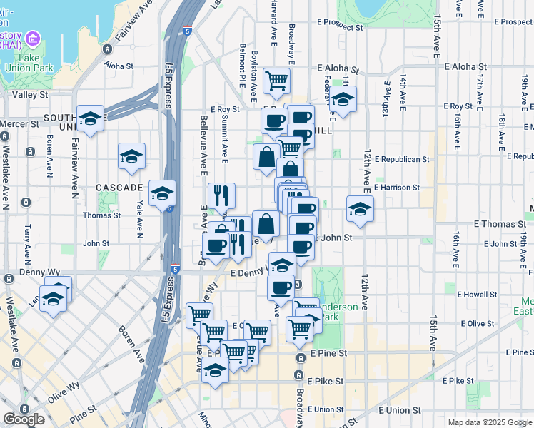 map of restaurants, bars, coffee shops, grocery stores, and more near 219 Boylston Avenue in Seattle