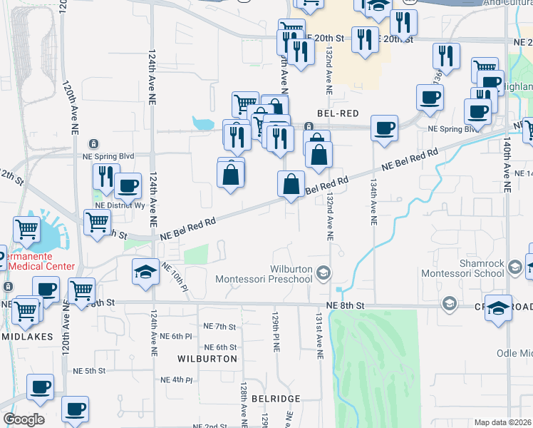 map of restaurants, bars, coffee shops, grocery stores, and more near Bel-Red Road in Bellevue