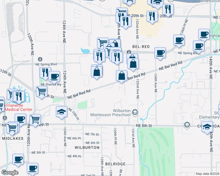 map of restaurants, bars, coffee shops, grocery stores, and more near 1142 129th Court Northeast in Bellevue