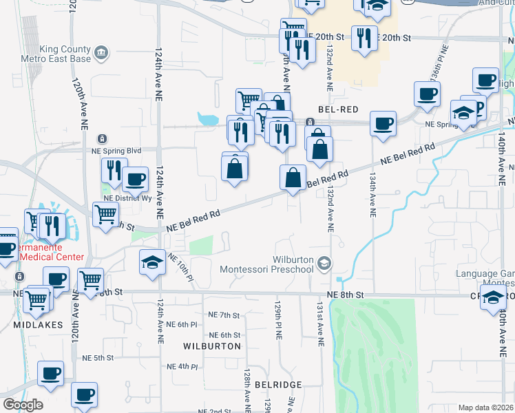 map of restaurants, bars, coffee shops, grocery stores, and more near 1126 129th Court Northeast in Bellevue