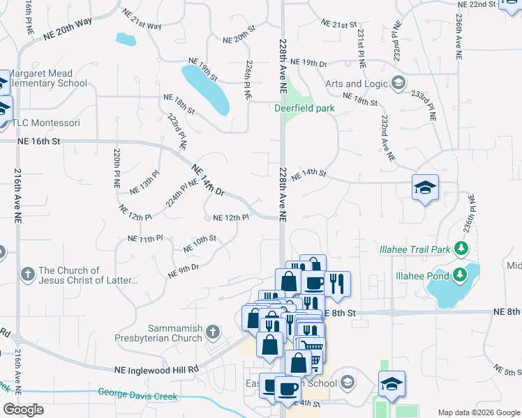 map of restaurants, bars, coffee shops, grocery stores, and more near 22705a Northeast 12th Place in Sammamish