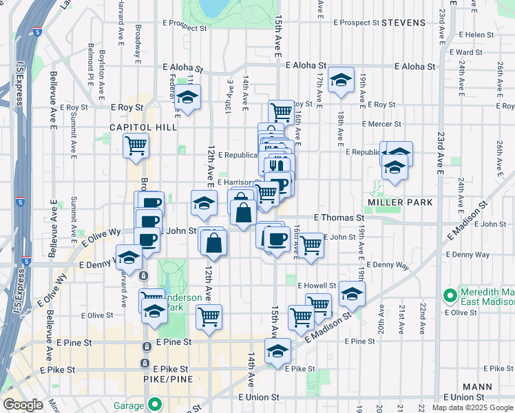 map of restaurants, bars, coffee shops, grocery stores, and more near 215 14th Avenue East in Seattle