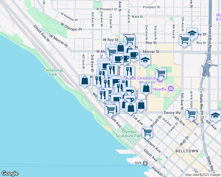 map of restaurants, bars, coffee shops, grocery stores, and more near 300 1st Avenue West in Seattle