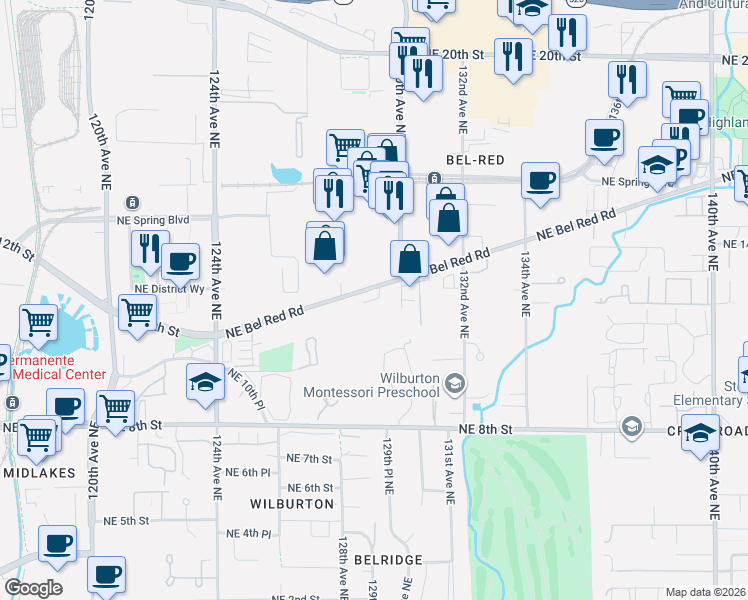 map of restaurants, bars, coffee shops, grocery stores, and more near 1152 129th Court Northeast in Bellevue