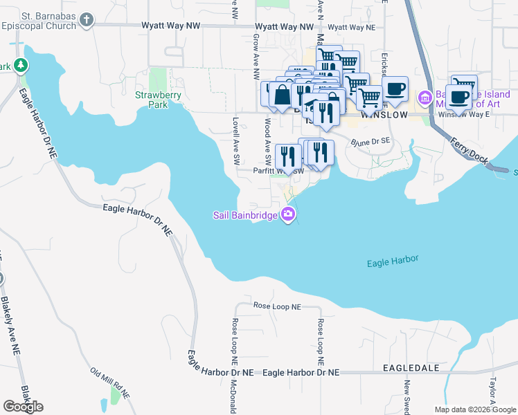 map of restaurants, bars, coffee shops, grocery stores, and more near 598 Stetson Place Southwest in Bainbridge Island