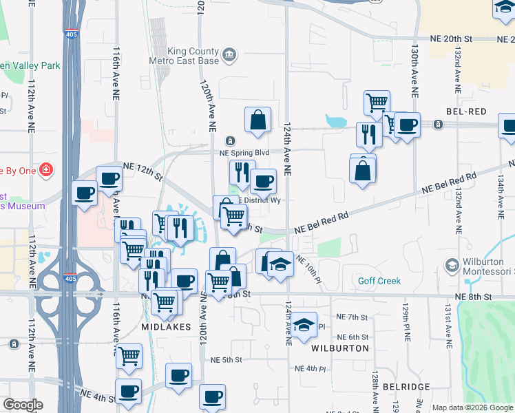 map of restaurants, bars, coffee shops, grocery stores, and more near 12299 NE District Way in Bellevue