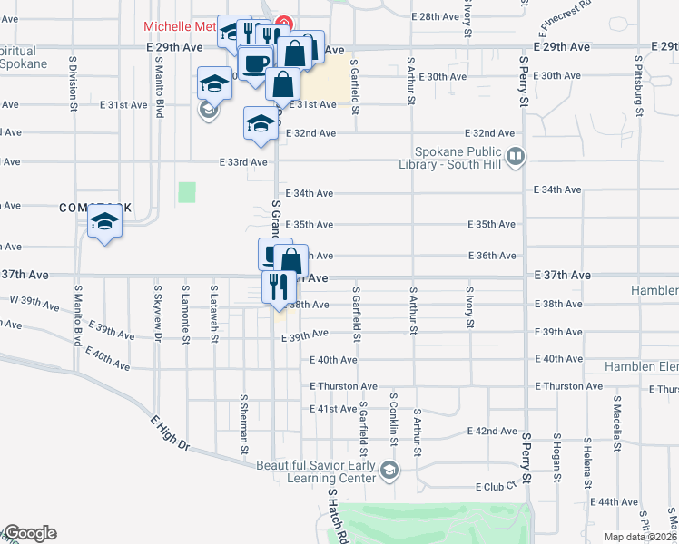 map of restaurants, bars, coffee shops, grocery stores, and more near 808 East 37th Avenue in Spokane