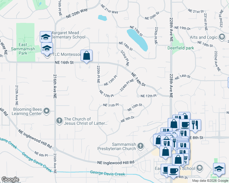 map of restaurants, bars, coffee shops, grocery stores, and more near 22405 Northeast 12th Court in Sammamish