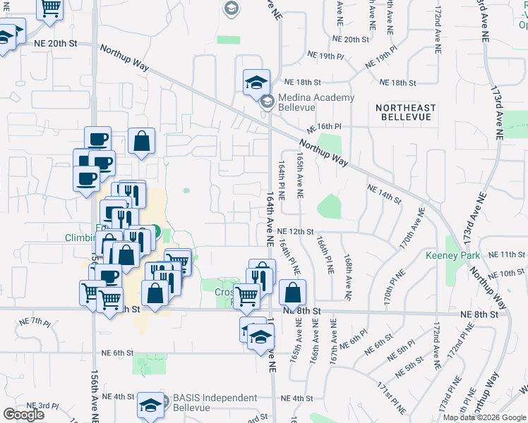 map of restaurants, bars, coffee shops, grocery stores, and more near 16369 Northeast 12th Place in Bellevue