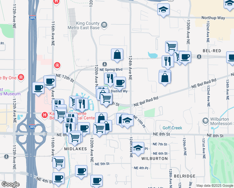 map of restaurants, bars, coffee shops, grocery stores, and more near 12299 NE District Way in Bellevue